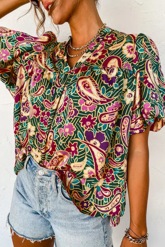 Green v neck short bubble sleeve paisley blouse - l / 100% polyester - blouses & shirts