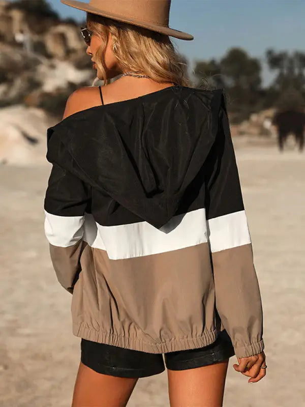 Short hooded color block windbreaker jacket - jackets