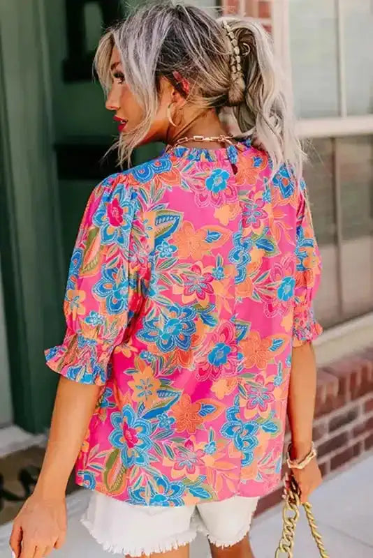 Short Puff Sleeve Floral Blouse - Fashionfitz
