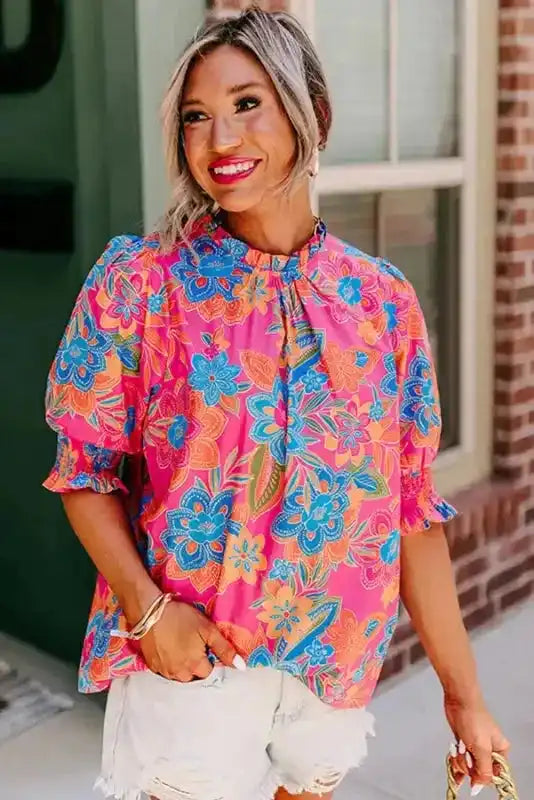 Short Puff Sleeve Floral Blouse - Fashionfitz