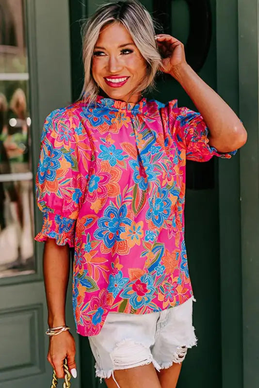 Short puff sleeve floral blouse - blouses