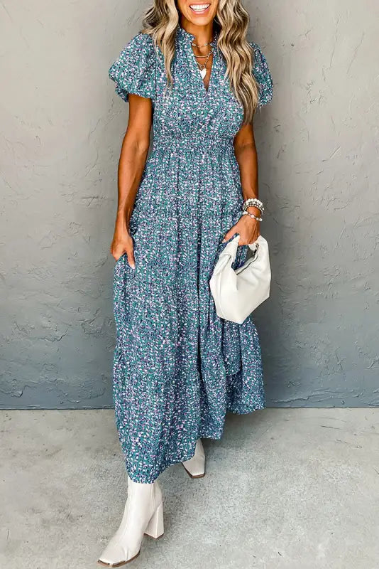 Short puff sleeve maxi dress - blue printed v neck shirred