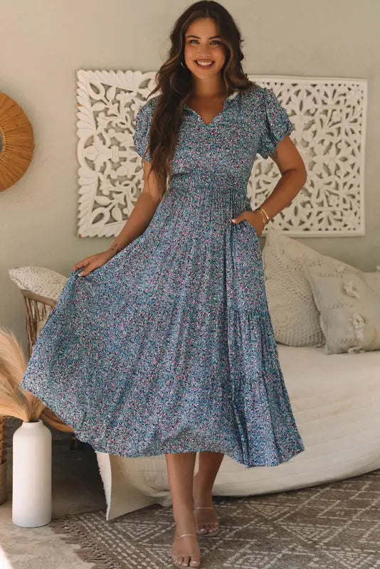 Short puff sleeve maxi dress - blue printed v neck shirred