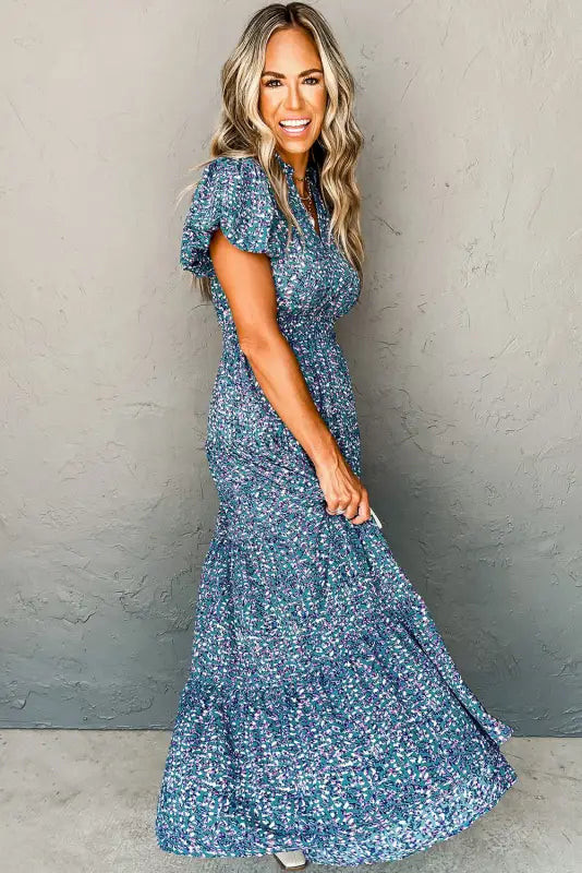 Short puff sleeve maxi dress - blue printed v neck shirred