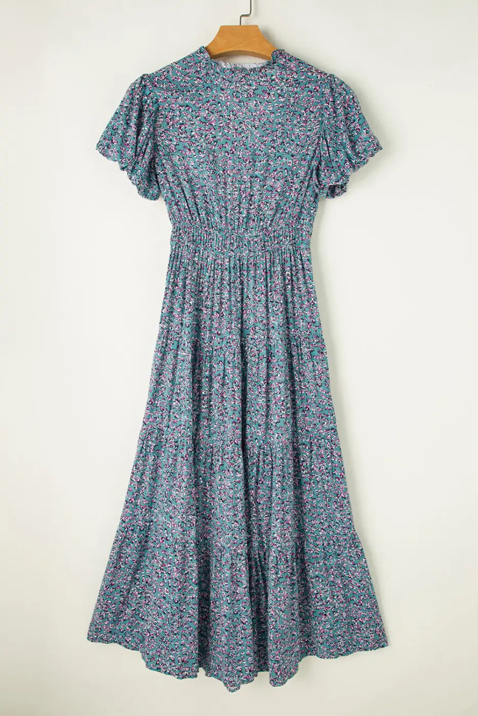 Short puff sleeve floral print maxi dress with gathered waist - blue printed v neck shirred