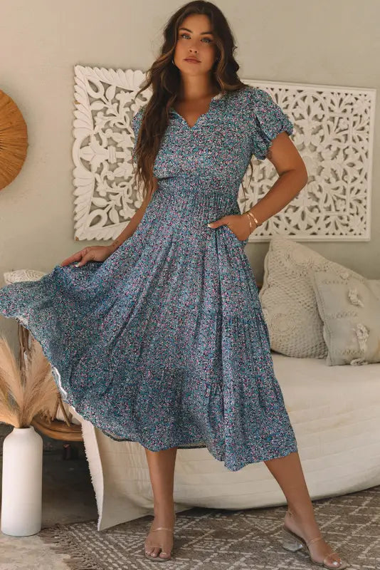 Short puff sleeve maxi dress - blue printed v neck shirred