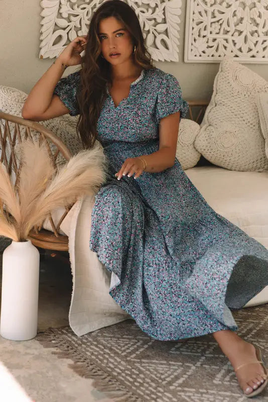 Short puff sleeve maxi dress - blue printed v neck shirred