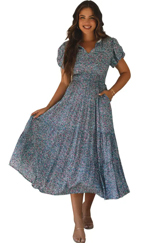 Short puff sleeve maxi dress - blue printed v neck shirred