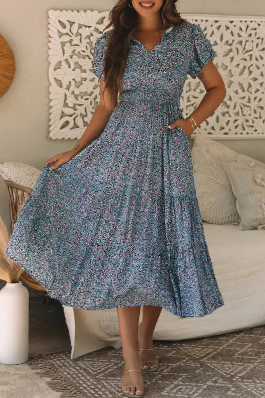 Short puff sleeve maxi dress - blue printed v neck shirred