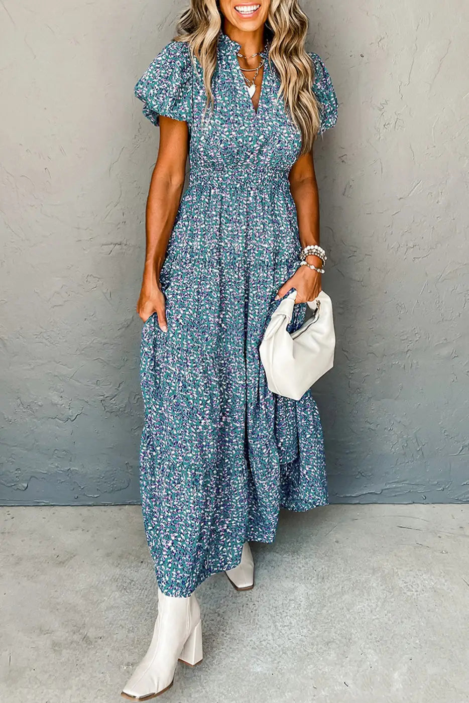 Short puff sleeve blue floral maxi dress with v neck and tiered skirt - relax relax style