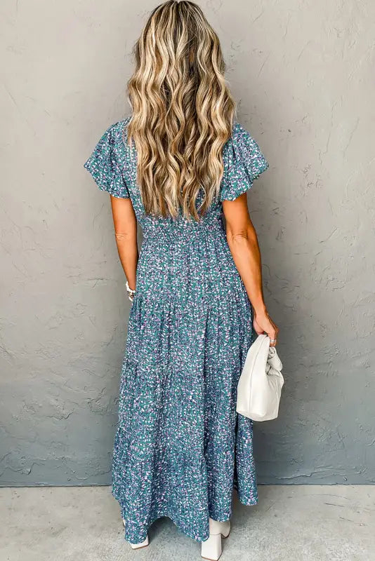 Short puff sleeve maxi dress - blue printed v neck shirred