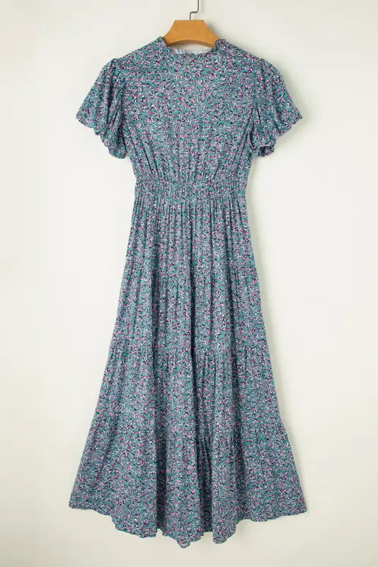 Short puff sleeve maxi dress - blue printed v neck shirred