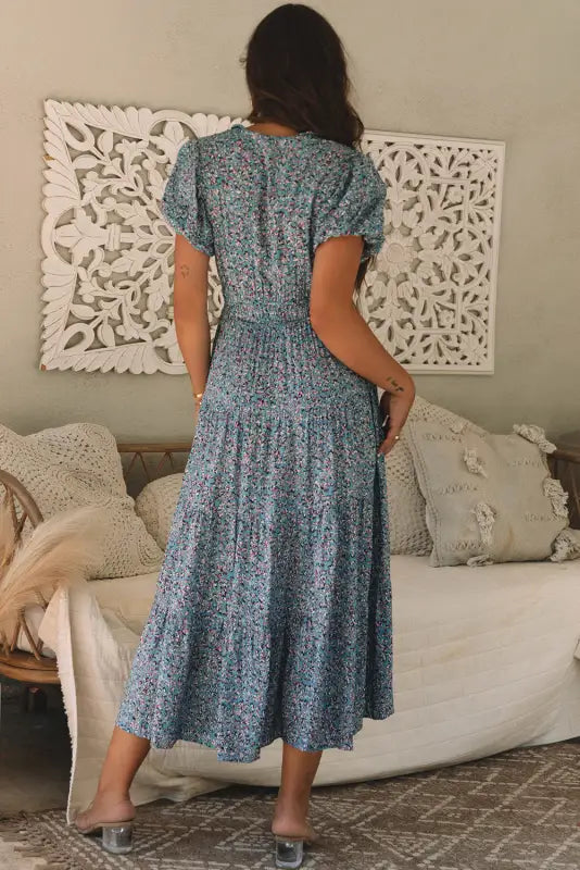 Short puff sleeve maxi dress - blue printed v neck shirred