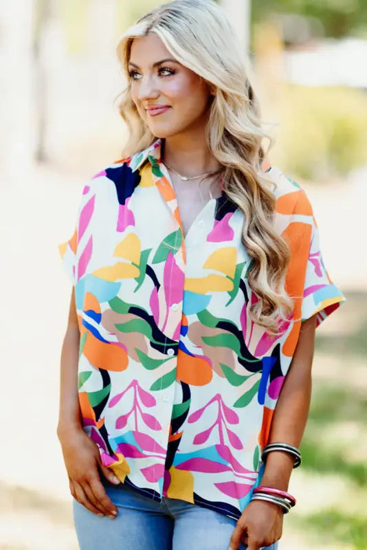 Short sleeve shirt - abstract leafy print - tops/blouses & shirts