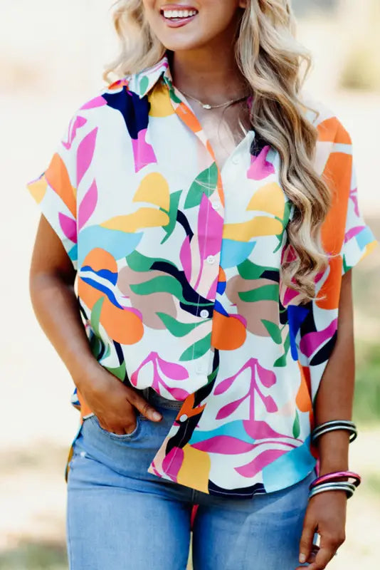 Short sleeve shirt - abstract leafy print - multicolour / s / 100% polyester - tops/blouses & shirts