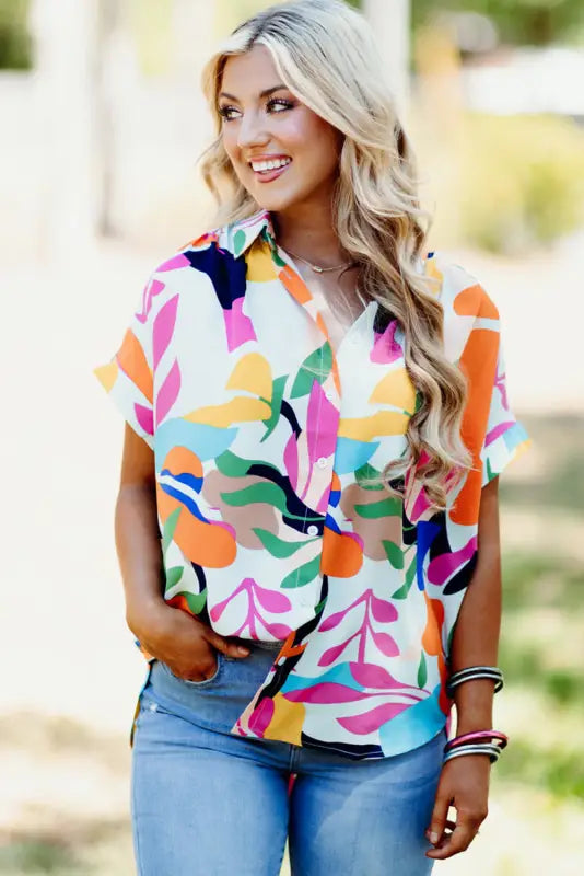 Short sleeve shirt - abstract leafy print - tops/blouses & shirts