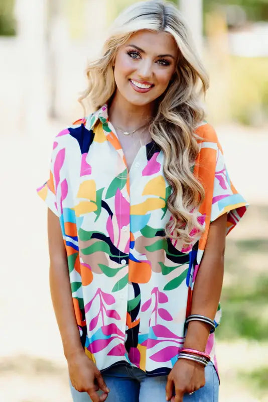 Short sleeve shirt - abstract leafy print - tops/blouses & shirts