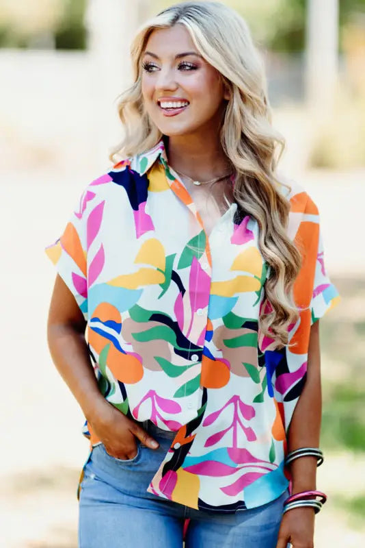 Short sleeve shirt - abstract leafy print - tops/blouses & shirts