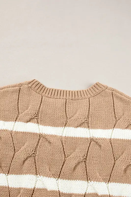 Short sleeve sweater - dark khaki striped cable - tops/short sweaters