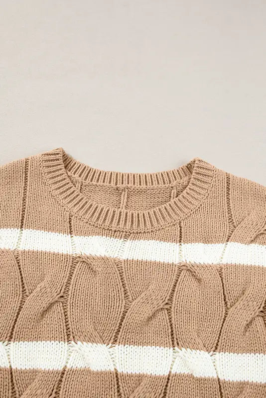 Short sleeve sweater - dark khaki striped cable - tops/short sweaters