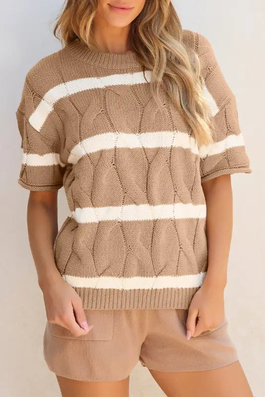 Short sleeve sweater - dark khaki striped cable - tops/short sweaters