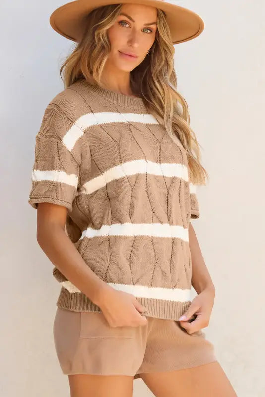 Short sleeve sweater - dark khaki striped cable - tops/short sweaters