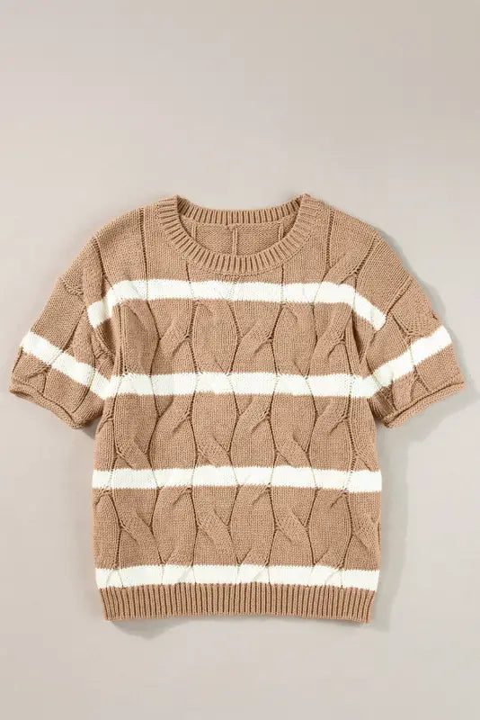 Short sleeve sweater - dark khaki striped cable - s / 60% cotton + 40% acrylic - tops/short sweaters