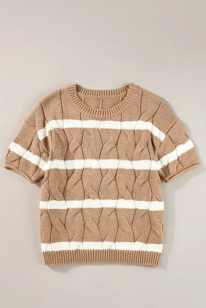 Short sleeve sweater - dark khaki striped cable - s / 60% cotton + 40% acrylic - tops/short sweaters