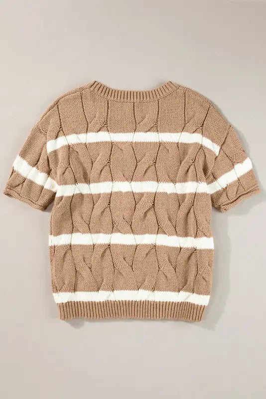 Short sleeve sweater - dark khaki striped cable - tops/short sweaters