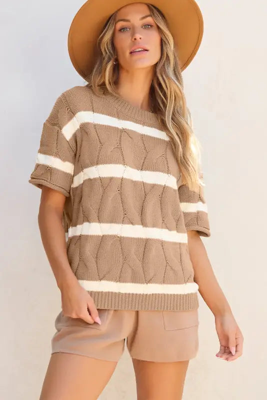 Short sleeve sweater - dark khaki striped cable - tops/short sweaters