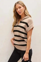 Short Sleeve Sweater - Khaki Stripe Zipped Collar - Fashionfitz