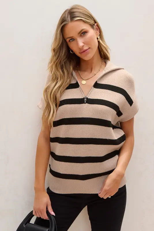 Short sleeve sweater - khaki stripe zipped collar - tops/short sweaters