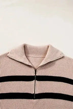 Short Sleeve Sweater - Khaki Stripe Zipped Collar - Fashionfitz