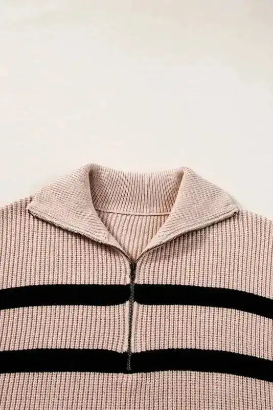 Short Sleeve Sweater - Khaki Stripe Zipped Collar - Fashionfitz