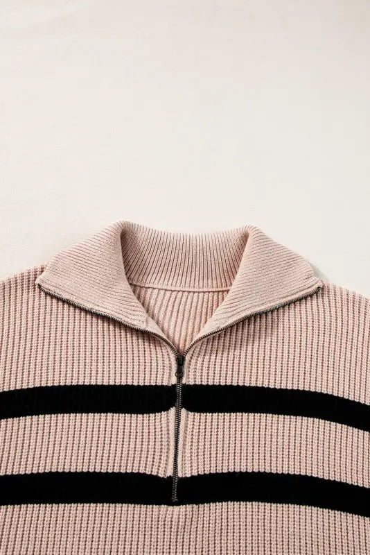 Short sleeve sweater - khaki stripe zipped collar - tops/short sweaters