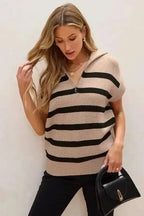 Short Sleeve Sweater - Khaki Stripe Zipped Collar - Fashionfitz