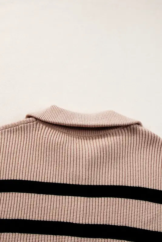 Short sleeve sweater - khaki stripe zipped collar - tops/short sweaters