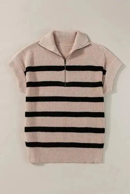 Short Sleeve Sweater - Khaki Stripe Zipped Collar - Fashionfitz