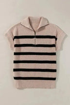 Short Sleeve Sweater - Khaki Stripe Zipped Collar - Fashionfitz