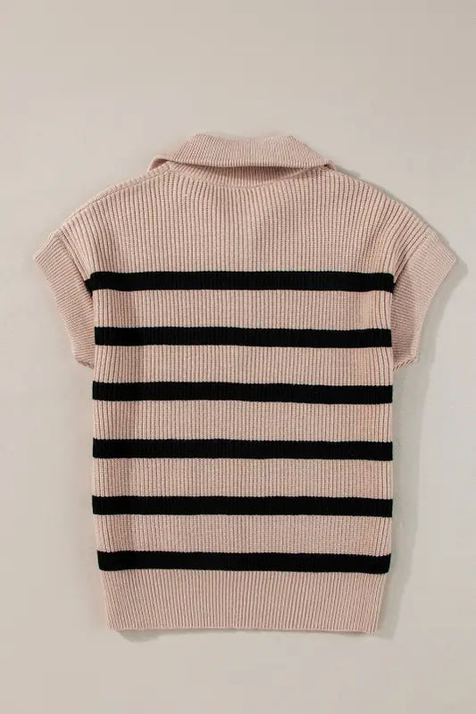 Short sleeve sweater - khaki stripe zipped collar - tops/short sweaters