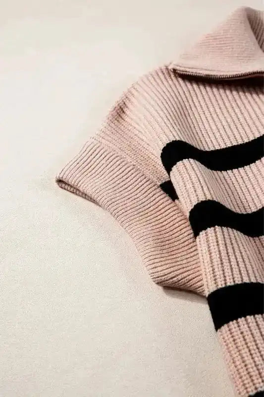 Short Sleeve Sweater - Khaki Stripe Zipped Collar - Fashionfitz