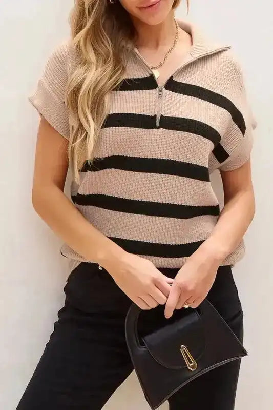 Short Sleeve Sweater - Khaki Stripe Zipped Collar - Fashionfitz