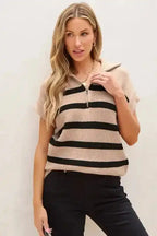Short Sleeve Sweater - Khaki Stripe Zipped Collar - Fashionfitz