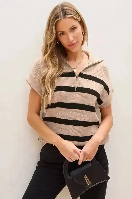 Short Sleeve Sweater - Khaki Stripe Zipped Collar - Fashionfitz