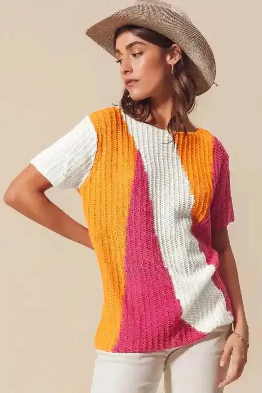 Short Sleeve Sweater - Orange Textured Knit Color-block - Fashionfitz