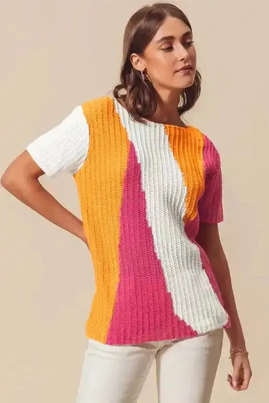 Short Sleeve Sweater - Orange Textured Knit Color-block - Fashionfitz