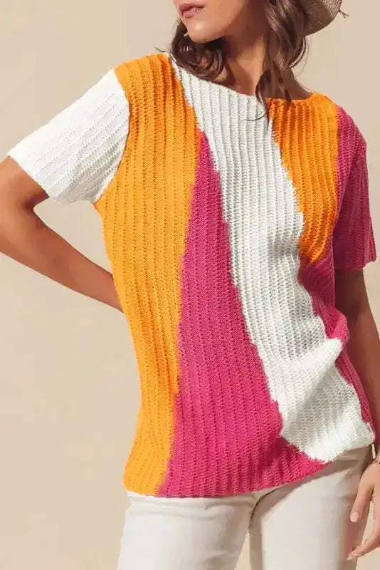 Short Sleeve Sweater - Orange Textured Knit Color-block - Fashionfitz