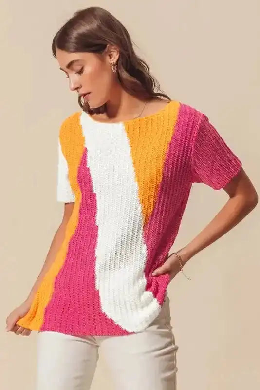 Short Sleeve Sweater - Orange Textured Knit Color-block - Fashionfitz