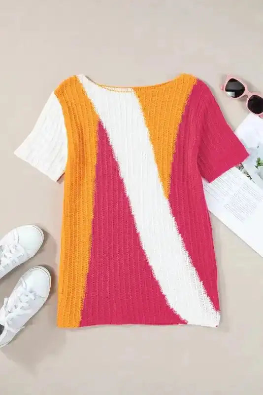 Short Sleeve Sweater - Orange Textured Knit Color-block - Fashionfitz