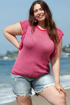 Short Sleeve Sweater - Rose Red Plus Size - Fashionfitz